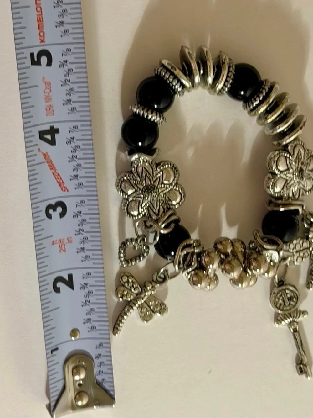Black Beaded Multi Strand Necklace and Charm Bracelet Silver Tone Jewelry Set